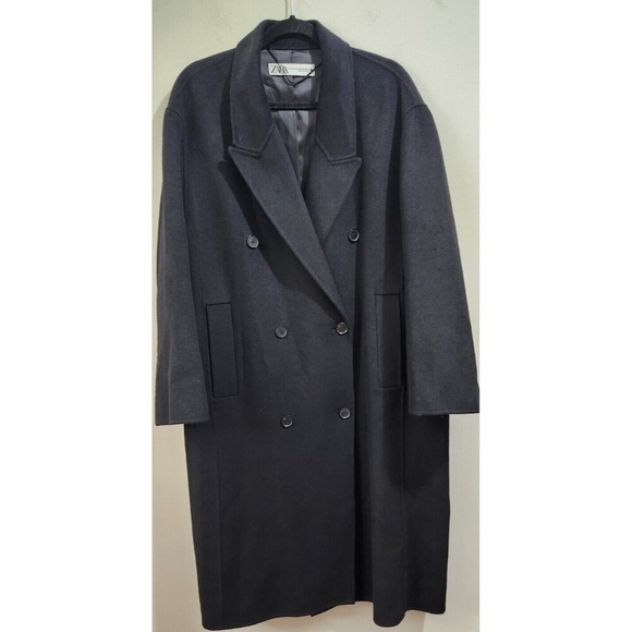 ZARA Double Faced Black Wool Blend Double Breasted Long Oversized Coat - Picture 3 of 13